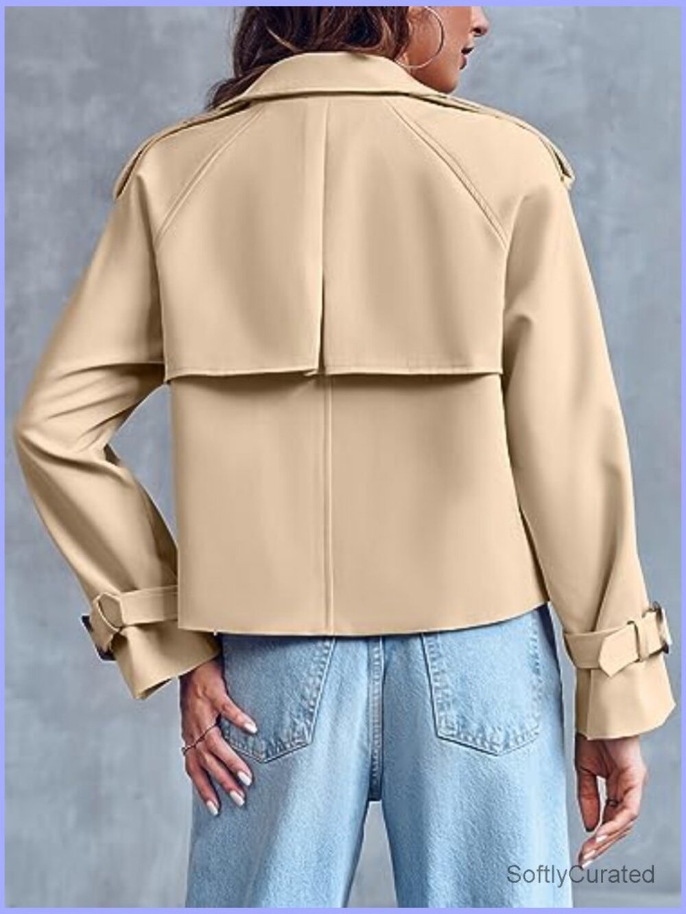 Crop Double Breasted Trench Coat Raglan Sleeve Work Office Cropped Jacket - Picture 5 of 7